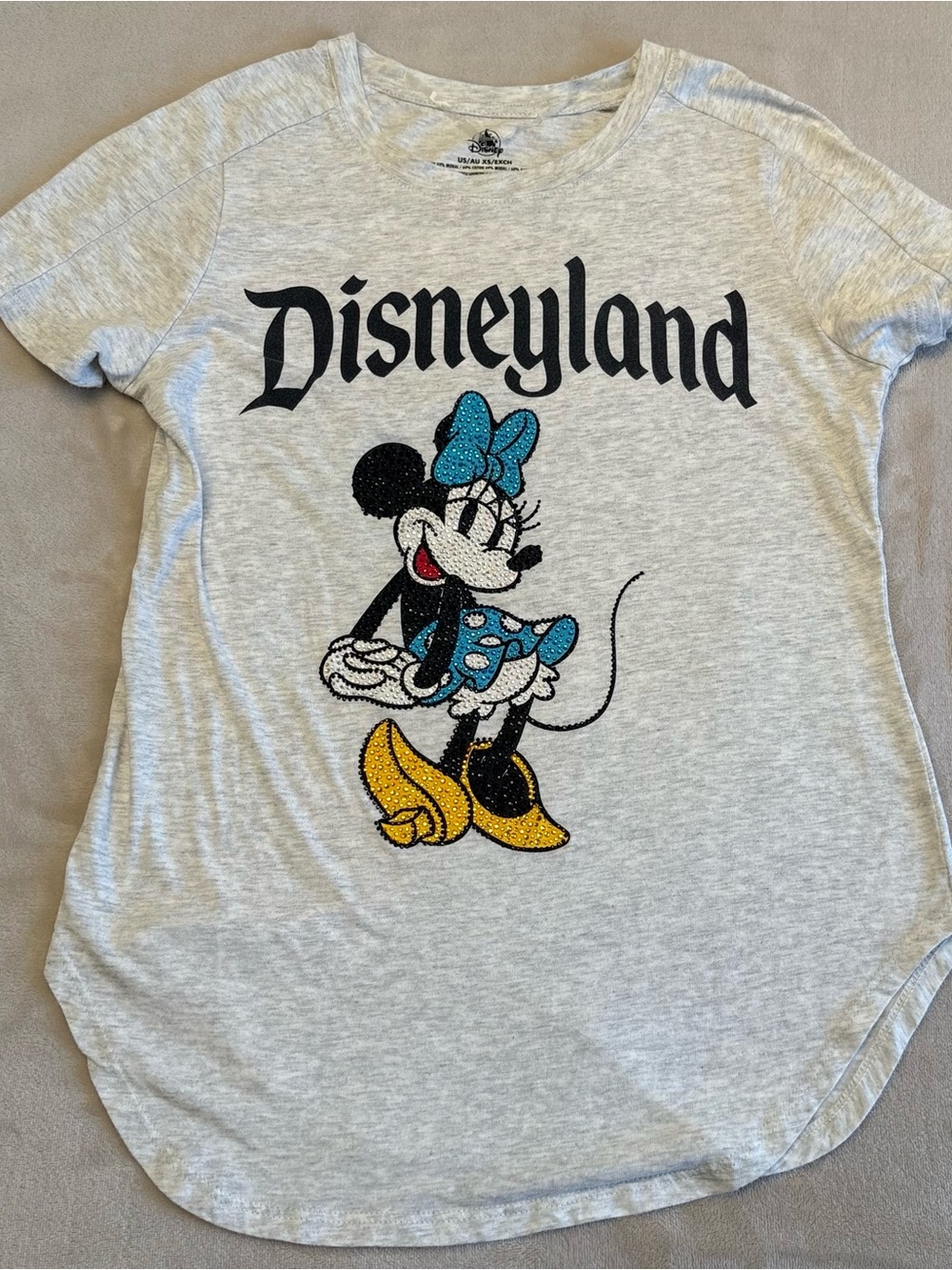 Disney Light Gray Minnie Mouse Disneyland Tee with Blue Bow and Yellow Shoes